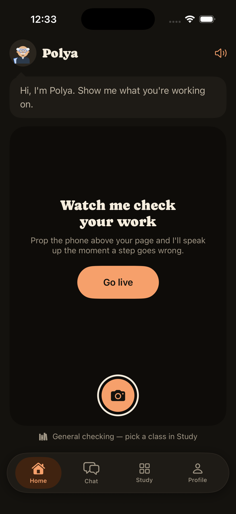 The Polya home screen: “Watch me check your work — prop the phone above your
                page and I'll speak up the moment a step goes wrong”, with a Go live button.